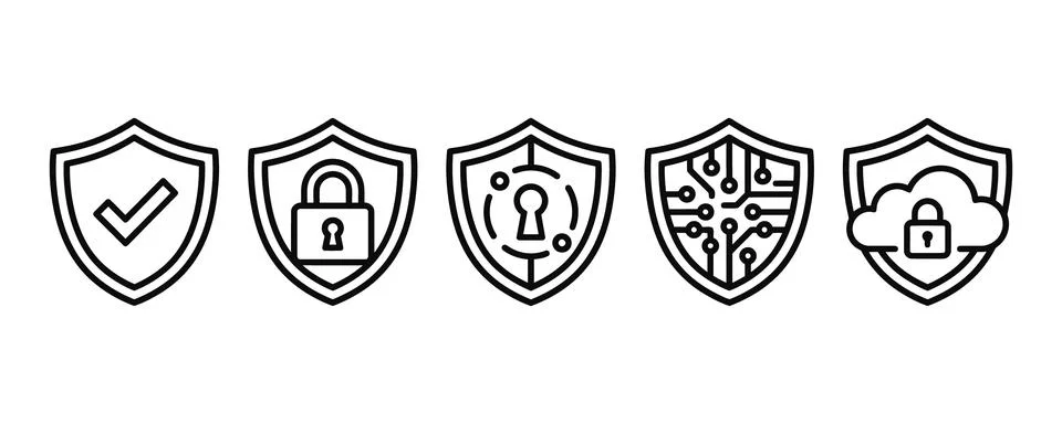 Five security shield icons with different symbols Vector Stock Illustration