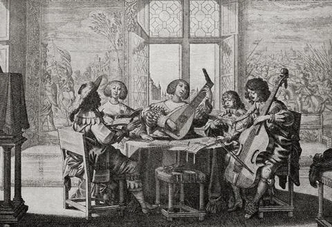 The Five Senses - Hearing, after Abraham Bosse, 17th century.  From Modes and Ma 스톡 일러스트