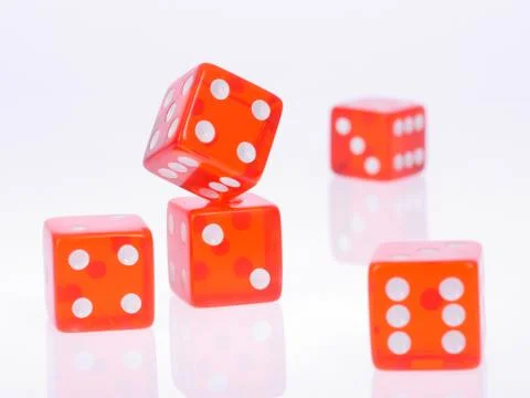 Five separate red playing dices Stock Photos