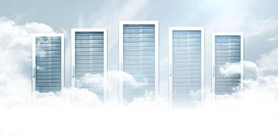 Five server cabinets are floating amid billowy clouds in flat design Stock Illustration