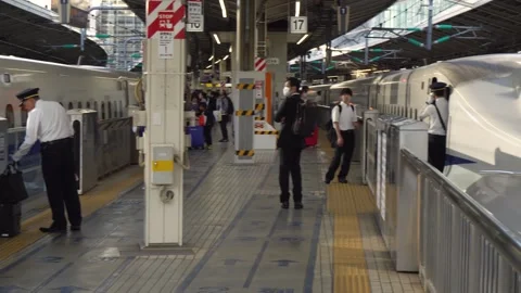 Five Shinkansen Bullet Trains at Tokyo Station Terminal, Japan Stock Footage 268745429