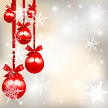 Five shiny glossy red ball with a bow on a beautiful Christmas background. .. Stock Illustration
