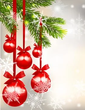 Five shiny glossy red balls with bows and fir tree branch on beautiful Chri.. Stock Illustration