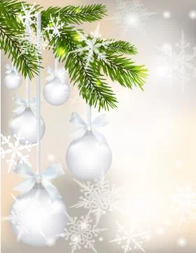 Five shiny glossy silver balls with bows and fir branch on beautiful Christ.. Stock Illustration