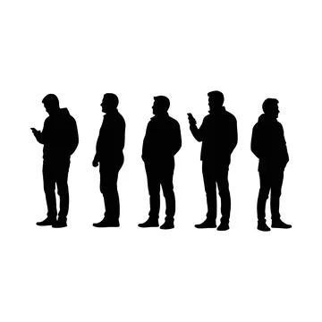 Five Silhouette Figures Standing Together Using Mobile Devices In Casual Atti Illustrazione stock