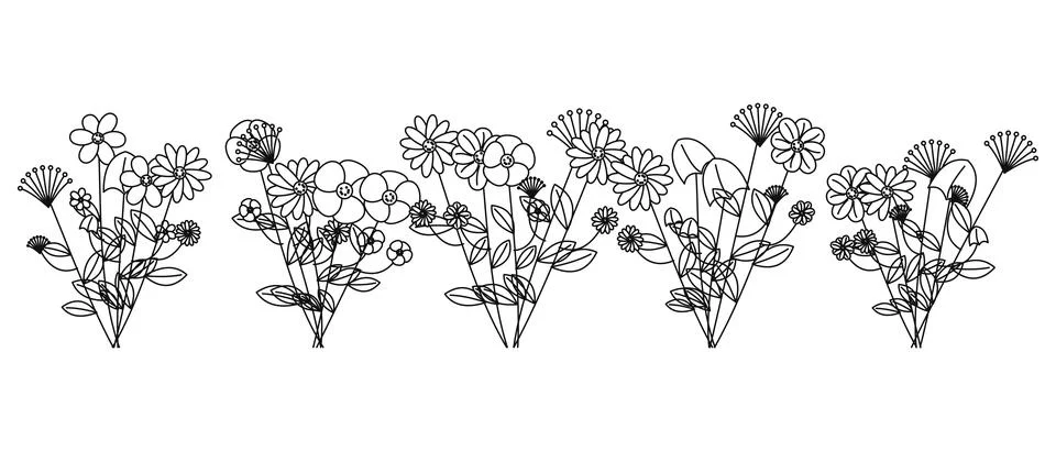 Five simple outline drawings of assorted flowers in a row for design elements Stock Illustration