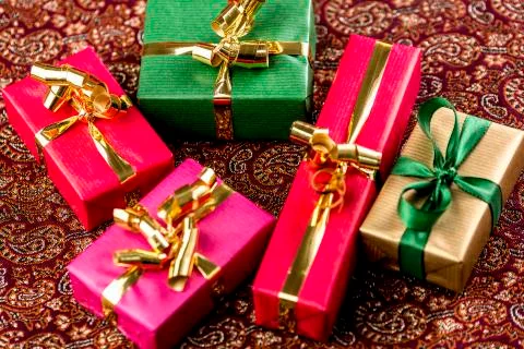 Five single-colored gifts. Stock Photos