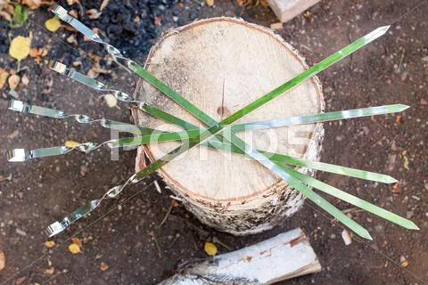 Five skewers on the stump Stock Photos