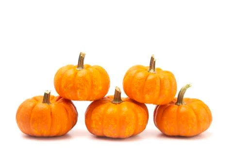 Five Small Decorative Pumpkins on a White Background Foto stock