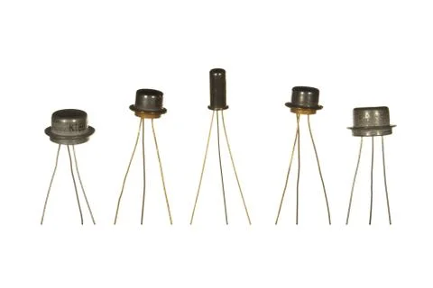 Five Soviet-made transistors isolated on white background. Foto stock