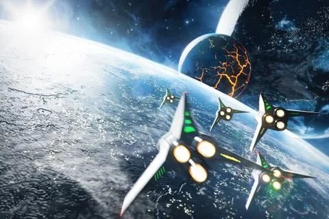 Five space ships flying to the collapsing planet. Elements of this image Stockillustratie