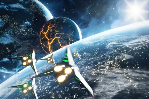 Five space ships flying to the collapsing planet. Elements of this image Illustrazione stock