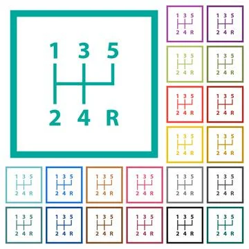 Five speed manual gear shift flat color icons with quadrant frames 스톡 일러스트