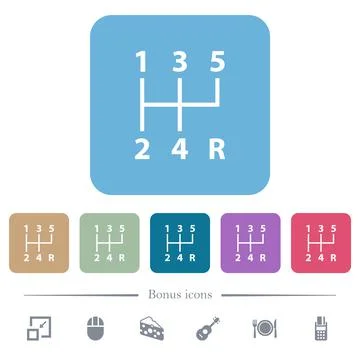 Five speed manual gear shift flat icons on color rounded square backgrounds Ilustración de archivo