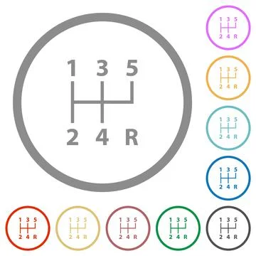 Five speed manual gear shift flat icons with outlines Ilustración de archivo