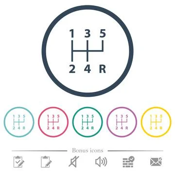 Five speed manual gear shift flat color icons in round outlines Ilustración de archivo