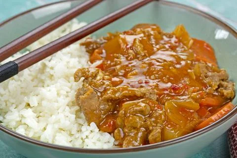 Five spice pork and basmati rice Foto stock