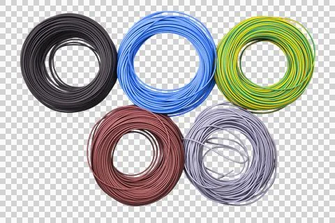 Five spools of electrical wire are arranged in a pattern resembling the Oly.. Stock Photos