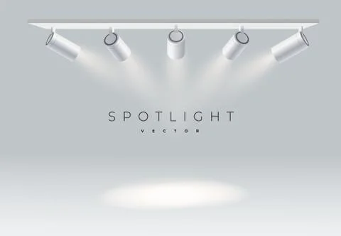 Five spotlights realistic on panel with bright white light shining stage vector Illustrazione stock