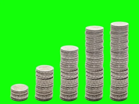 Five stacks of coins increasing. Stop Motion. Chroma Key. Stock Footage 71688582