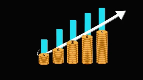 Five Stacks of Gold Coins with Dollar Signs and Ascending Blue Bars abstrac.. Stock Footage 331875294