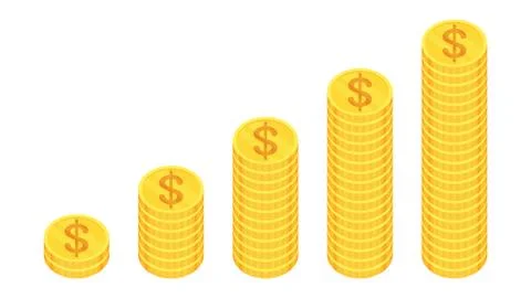 Five stacks of gold dollars Illustrazione stock