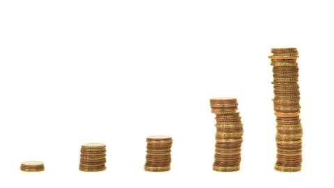 Five stacks of used coins representing increase of sales on a white backgroun Stock Photos