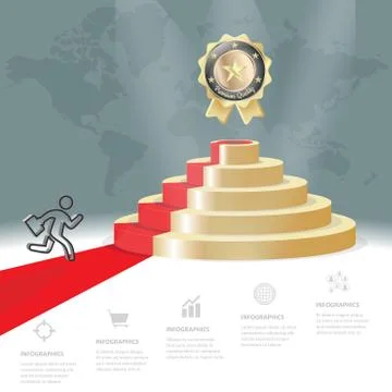 Five staircase strategy steps go to golden badge, Vector infographics 스톡 일러스트
