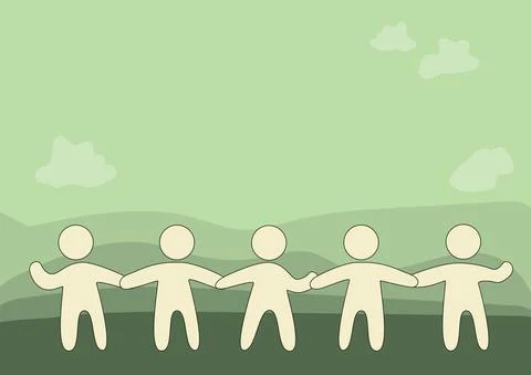 Five Standing People Drawing Holding Hands Showing Team Support And Harmony Illustrazione stock