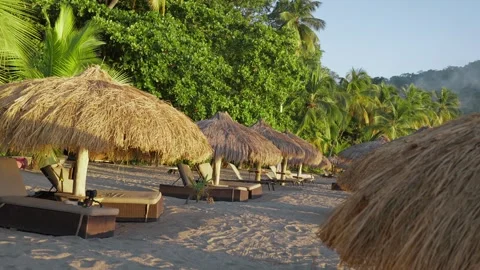 Five Star Beach Resort with bamboo straw huts and lounge chairs. 스톡 동영상 308722578