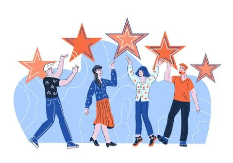 Five star customers feedback with clients giving satisfaction rating vector. Stock Illustration