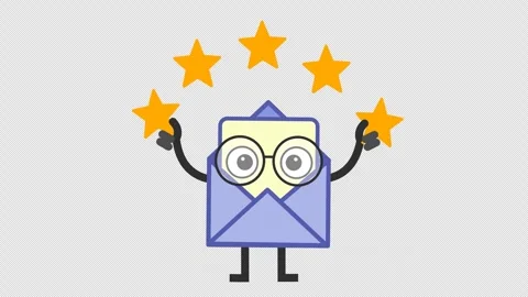 Five-star email mascot in cartoon animation. Excellent review envelope character Stock Footage 315459184