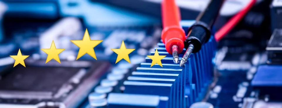 Five Star Hardware Diagnostics and Motherboard Testing with Multimeter Probes Stock-Fotos