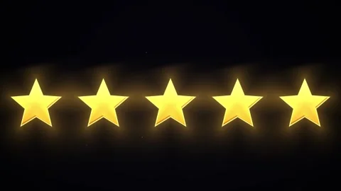 Five star rating animation glowing gold on black background Stock Footage 334931051