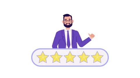 Five star rating feedback animation.  business man character shows thumbs up Stock Footage 263032628