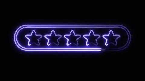Five star rating with glowing blue neon light path on plain black background Stock Footage 337488900