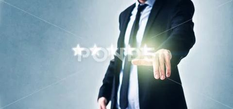 Five star rating by happy businessman - Customer Experience review concept - Stock Photos