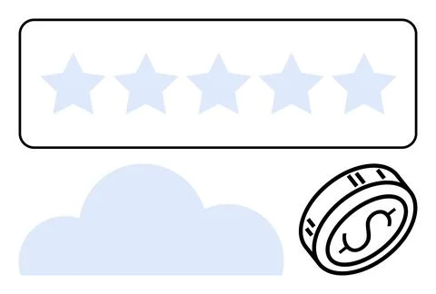Five-star rating icon, cloud shape, and digital coin with dollar sign. Ideal  Stock Illustration