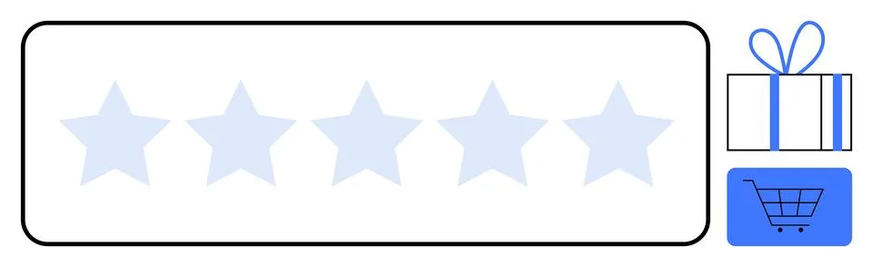 Five-star rating system with gift box and shopping cart graphics emphasizes c 스톡 일러스트