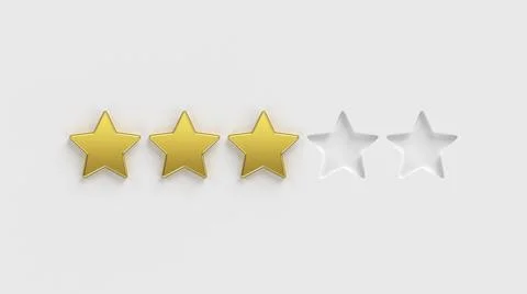 Five star rating. Three of the five gold rating stars on a white background.  Stock Photos