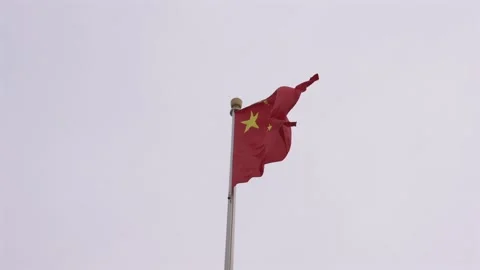 Five Star Red Flag of China waving on flagpole against overcast sky Stock-Footage 347459048