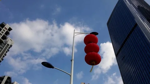Five star red flags and lanterns hung on the streets during China's National Day Stock Footage 80666451