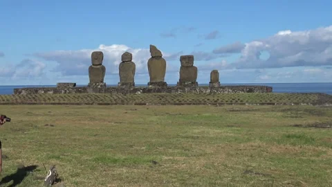 Five statues on Easter Island and a tourist passing in front of the camera Stock Footage 162813521