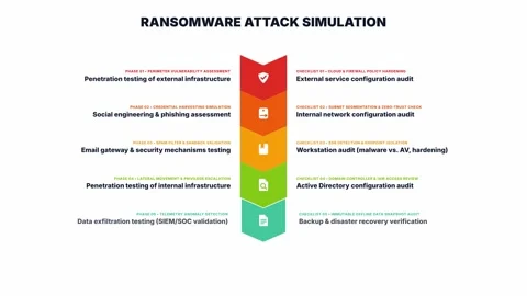 Five step ransomware attack simulation infographic animation. 4K Stock Footage 346882291
