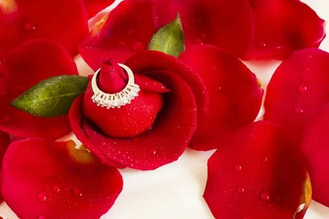 Five-stone diamond ring in fresh,red color rose petals on white Stock Photos