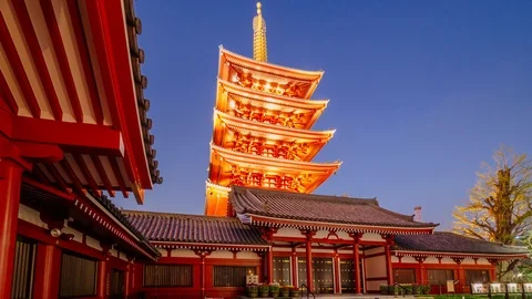 The Five-Storied Pagoda of Senso-Ji, Asakusa, Tokyo, Japan. Timelapse day to Stock Footage 100596880