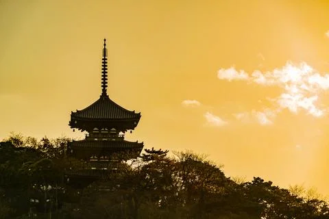 Five-storied pagoda at sunset Stock Photos