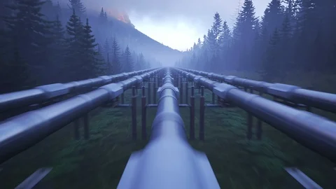 Five streams of pipeline running through the forest clearance. Stock Footage