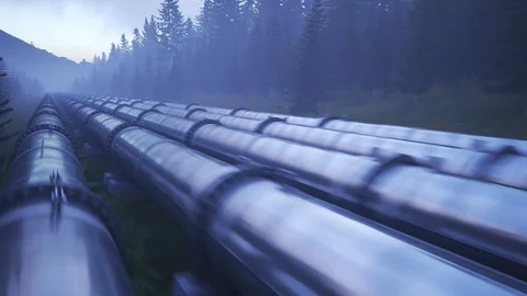 Five streams of pipeline running through the forest clearance. Stock Footage 88277643
