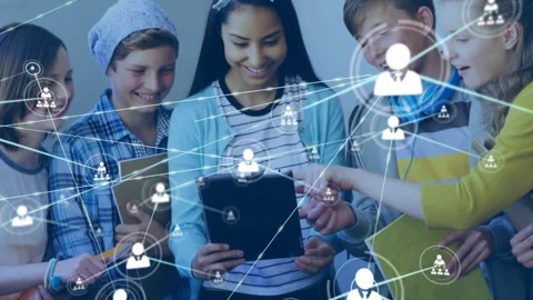 Five students gathering around tablet, tapping screen and expanding animated Video stock 332280814